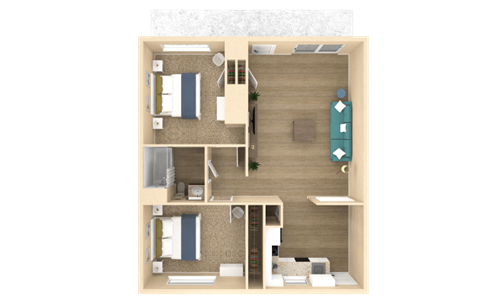 a 3d rendering of a room with a bedroom and a bathroom